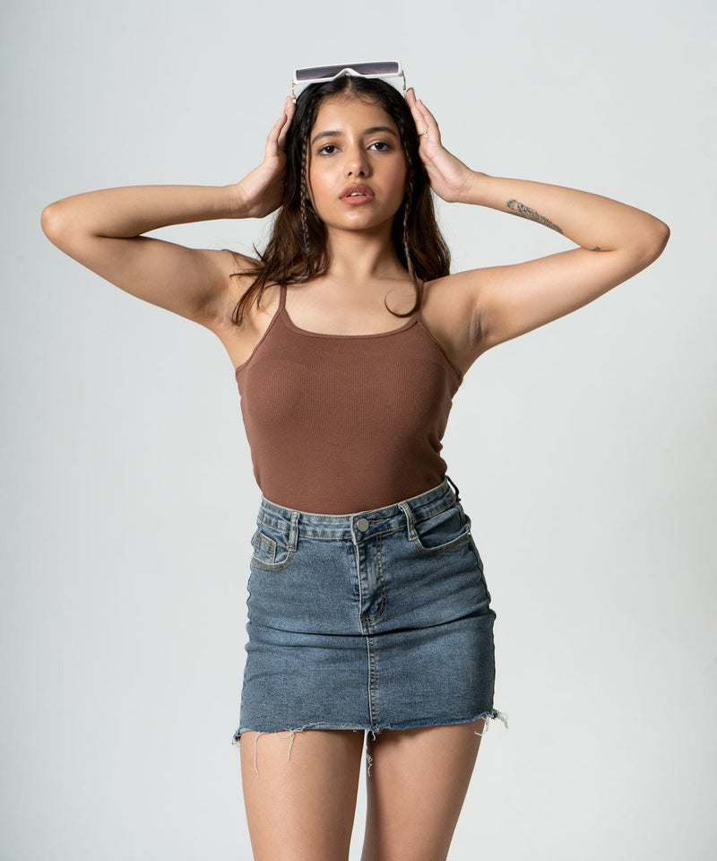 Ribbed Strapped Vest Top - Chestnut Brown - TheBTclub