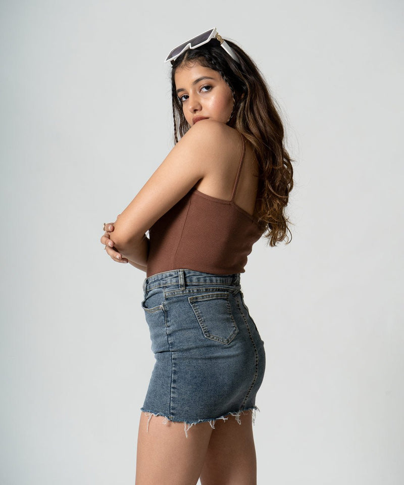 Ribbed Strapped Vest Top - Chestnut Brown - TheBTclub