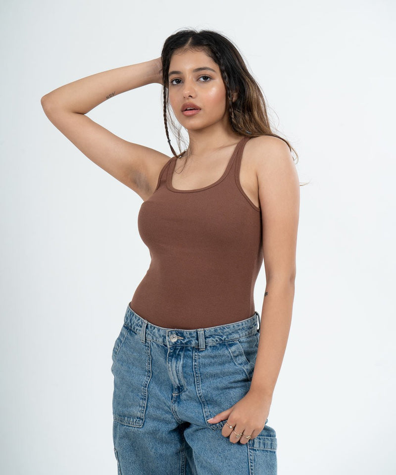 Ribbed Thin Strap Vest Top - Brown