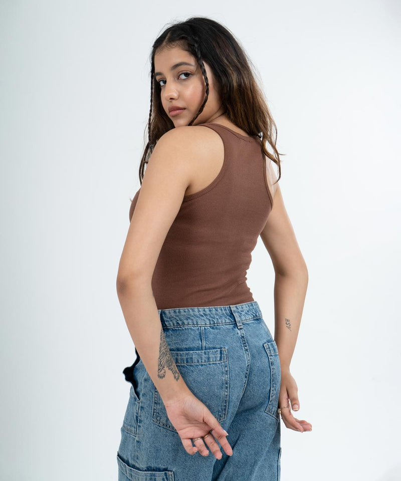 Ribbed Thin Strap Vest Top - Brown