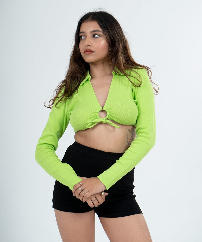 Ribbed Tie Details Collar Full Sleeves Crop Top - Neon Green - TheBTclub