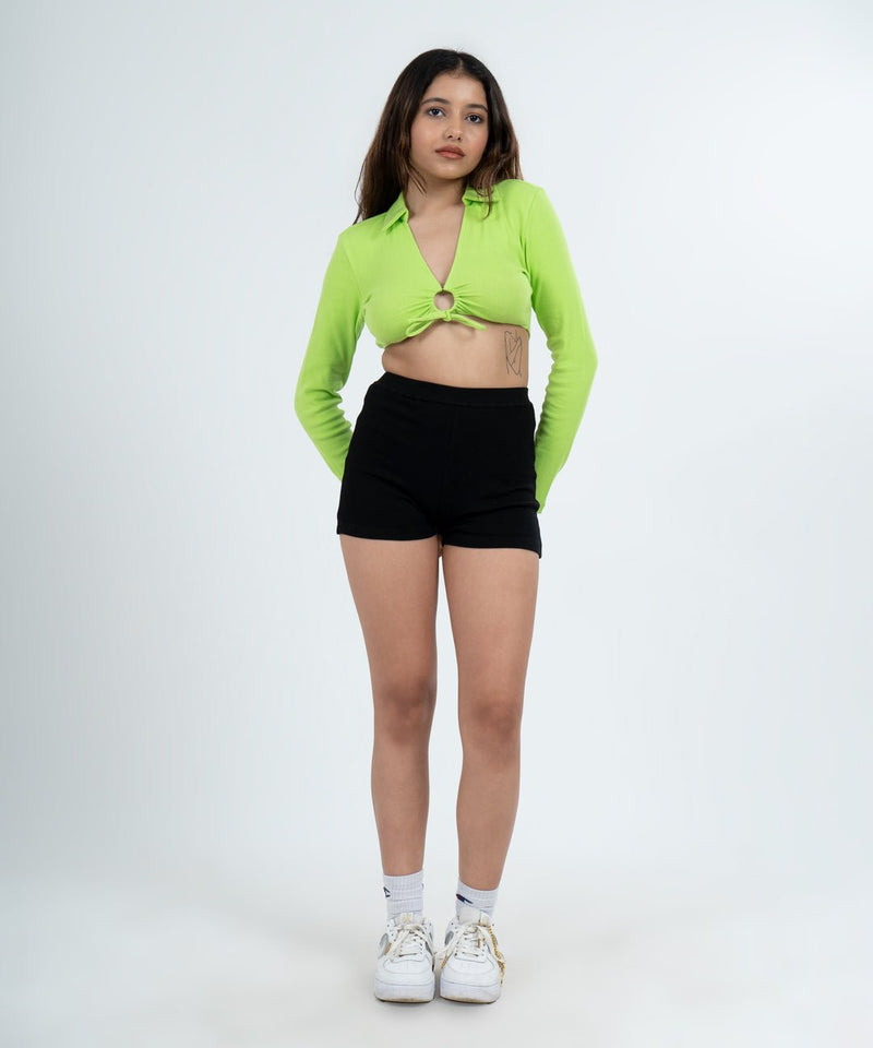 Ribbed Tie Details Collar Full Sleeves Crop Top - Neon Green - TheBTclub