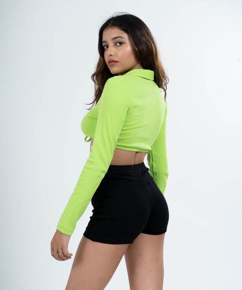 Ribbed Tie Details Collar Full Sleeves Crop Top - Neon Green - TheBTclub
