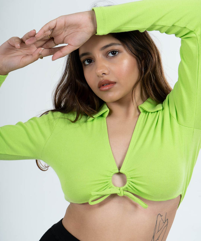 Ribbed Tie Details Collar Full Sleeves Crop Top - Neon Green - TheBTclub