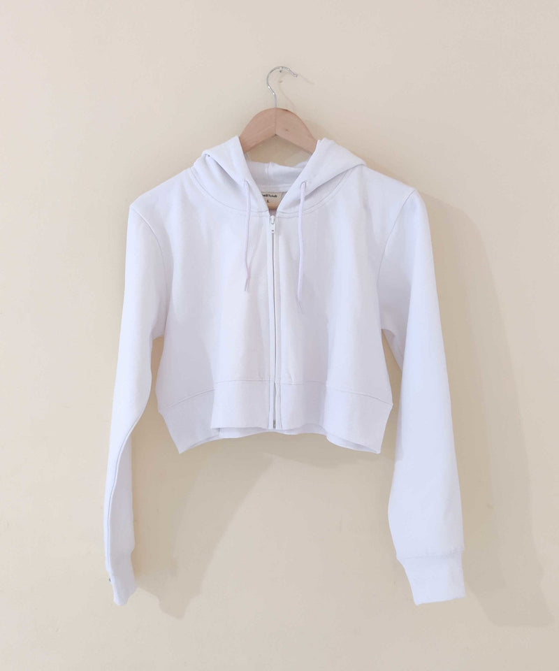 White - Basic Zipped Crop Hooded Sweatshirt